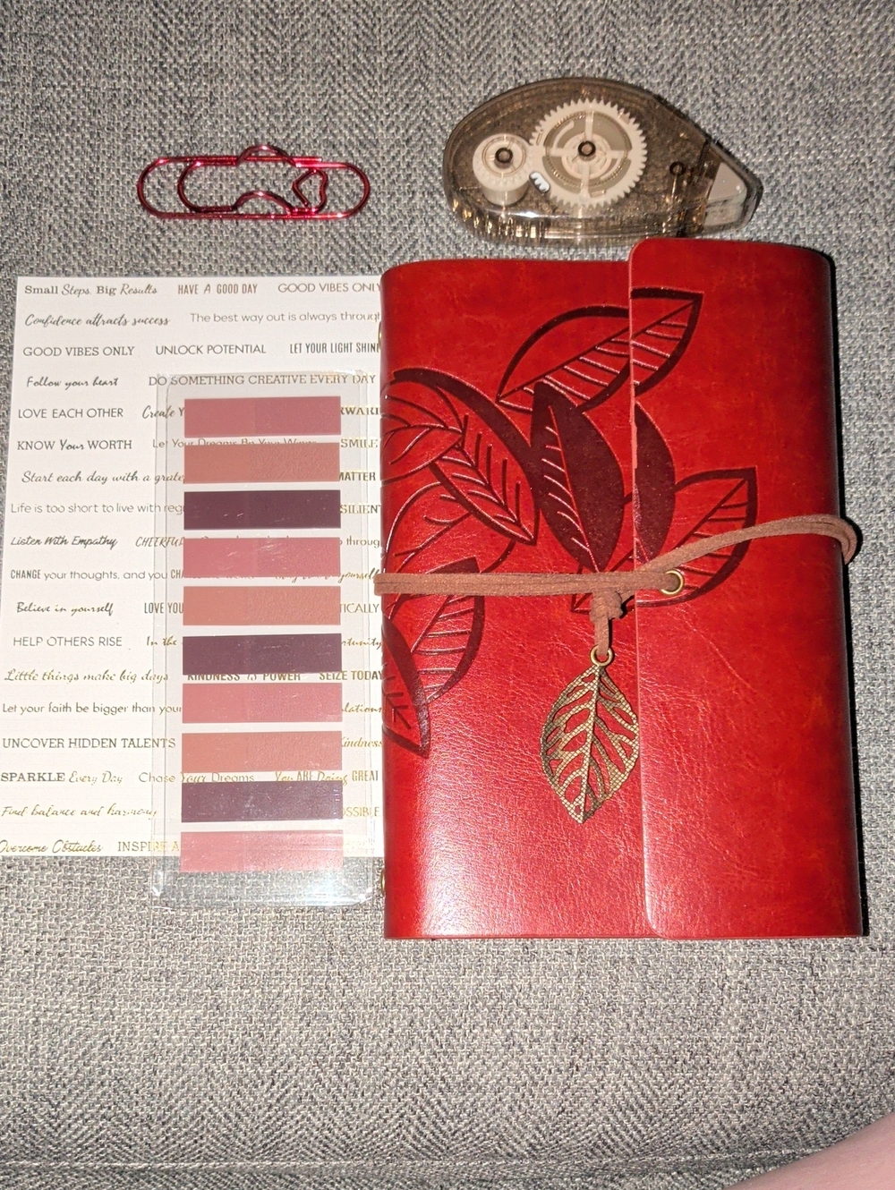 Leather Travel Journal Notebook with Leaf Embossing - Red